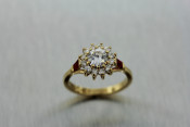 14k cluster diamond ring with ruby accents